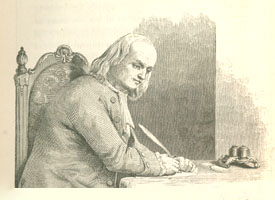 Benjamin Franklin: his Autobiography </strong>(c.1848). On the first page of this edition of the recently named “autobiography,” Franklin is depicted in the act of writing his letter to his son.
      