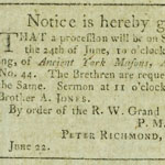 Advertisement for the Ancient York Masons African Lodge Parade, in Gazette of the United States, June 22, 1797.