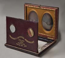 Stereoscopic Daguerreotype of post-mortem portrait of Jonathan Williams Biddle displayed in Mascher’s Improved Stereoscope. Philadelphia, 1856. On loan from the Print & Picture Collection, Free Library of Philadelphia. 