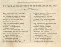 Martha Cameron. “To The Daguerreotype of an Estranged Friend,” in Peterson’s Magazine, January 1854. Gift of Randall Miller.