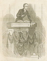 George Lippard. “Memoirs of a Preacher.” in The Quaker City. A Saturday Paper for Universal Circulation. (Philadelphia, January 13, 1849). The success of his Philadelphia city mystery novel bought Lippard a Christmas present in 1848 – his very own periodical, of the same name, which saw its first issue just before New Year’s Eve and soon boasted a circulation of 10,000. He used it to promote Whig-leaning social reforms and his own literary work. This issue serialized one of his novels, an attack on corrupt and lascivious clergy. The illustration was reused as a frontispiece when the text appeared in volume form. Hey, what’s that nasty little demon doing there under the pulpit?