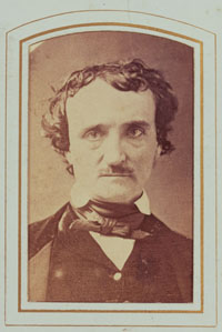 Edgar Allan Poe. (New York, ca. 1870). Enlarged reproduction of an albumen print carte de visite copied from an 1849 daguerreotype. In May or June 1849, Poe had his portrait taken by an unidentified Lowell, Massachusetts, daguerreotypist for his patron Mrs. Annie Richmond. In 1876 she had a copy made, which was the basis of the carte de visite in the Library Company’s collection. The “Annie Daguerreotype” is one of eight known to have been made of Poe, and it shows him haggard and dissipated four months before his death. The original is now in the Getty Museum. 