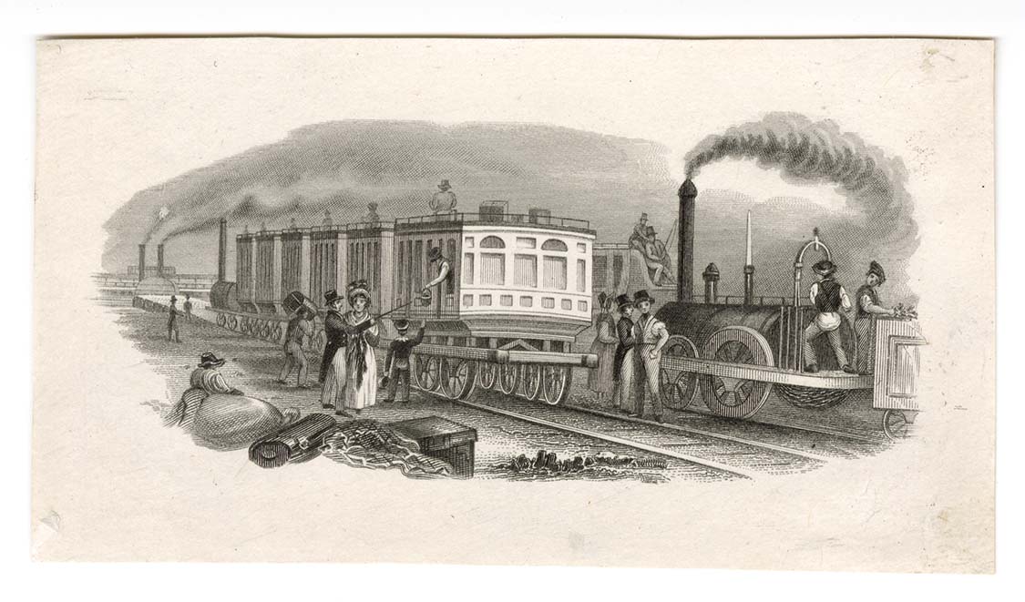 Engraved vignette of a railroad scene with small groups of people.