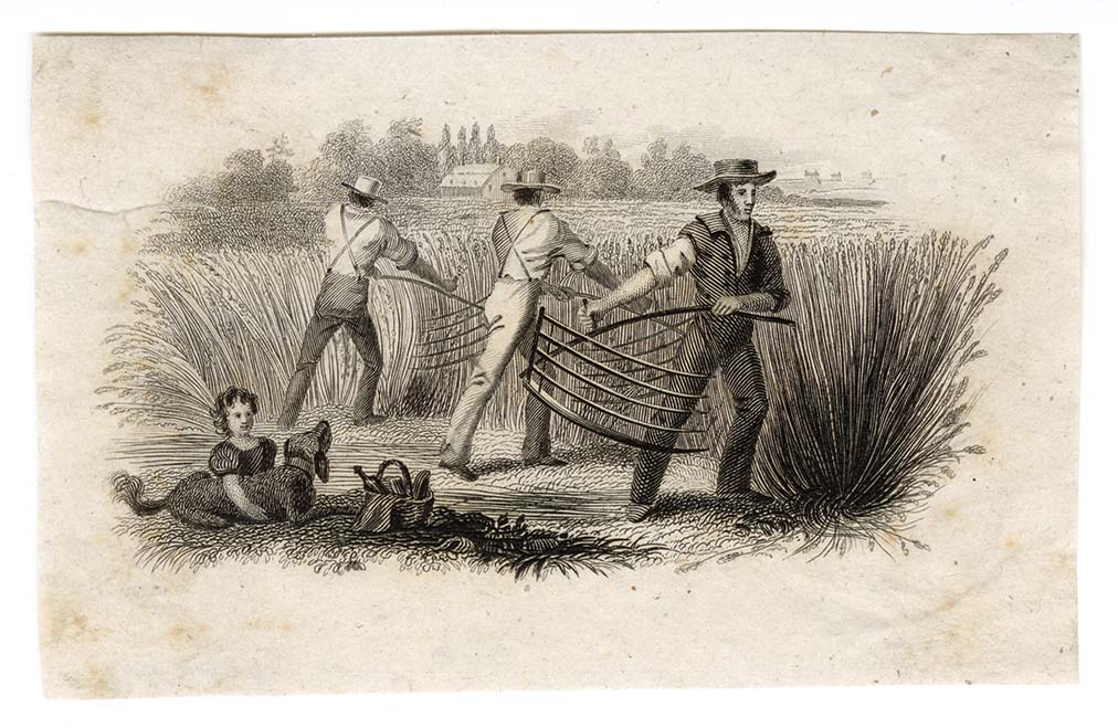 Engraved vignette of three men harvesting a wheat field while a small girl and dog watch.