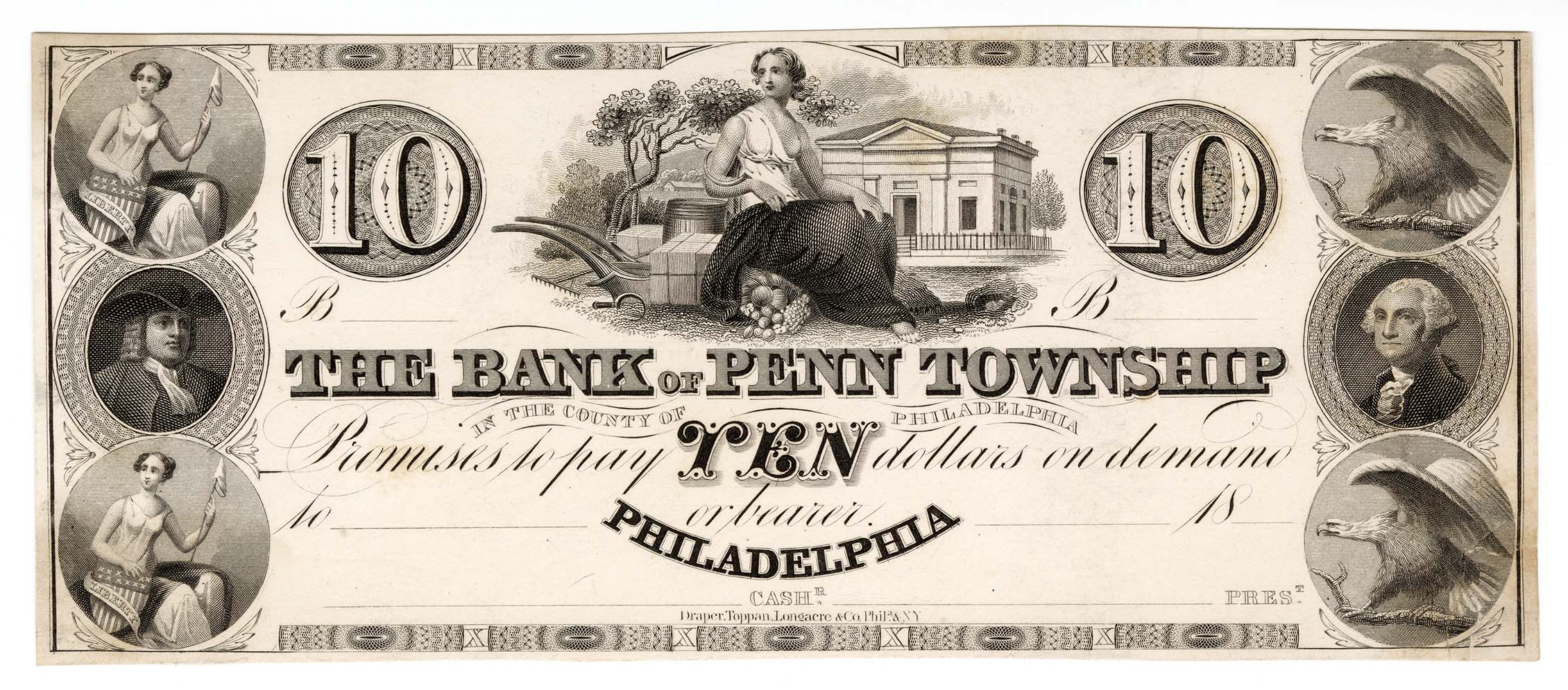 Engraved ten dollar banknote with a seated woman surrounded by farm implements with the bank building in background.