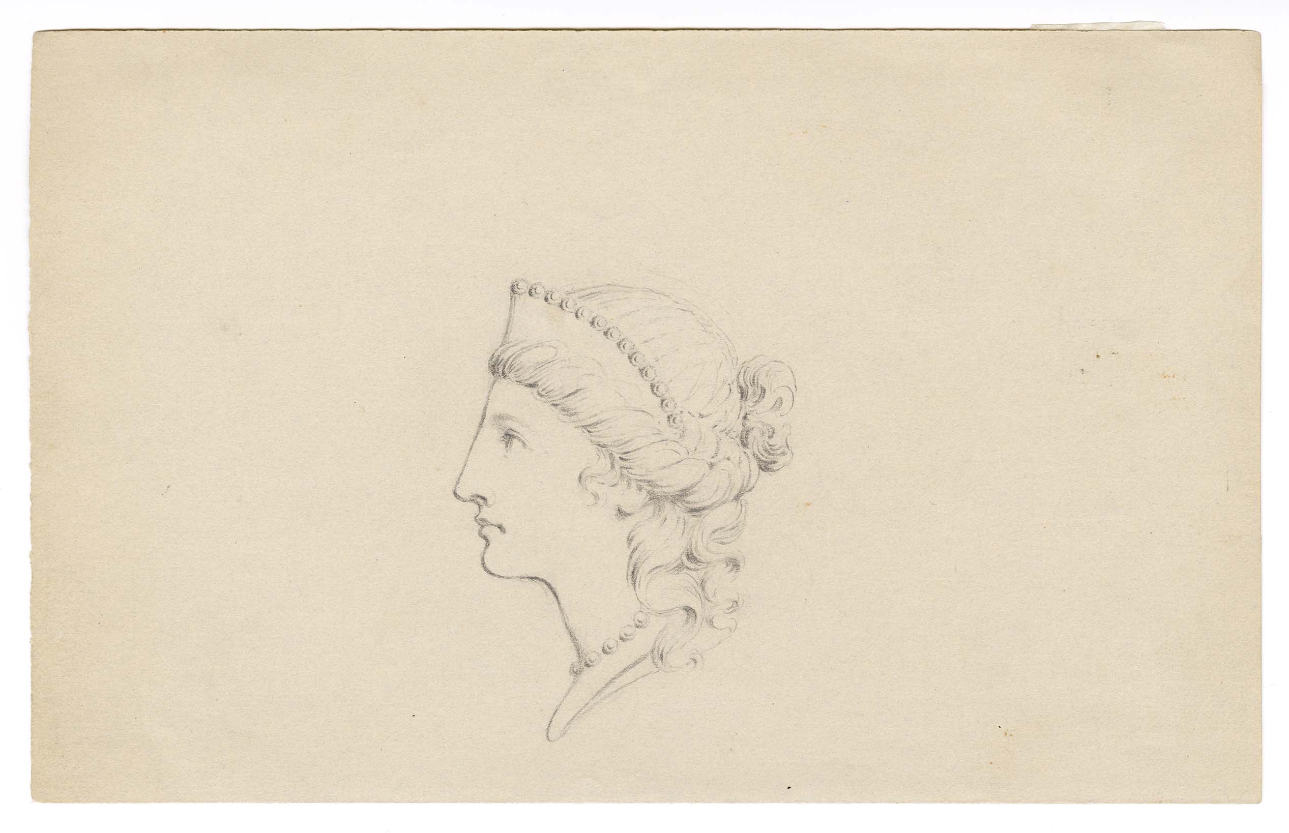 Pencil drawing of a woman's profile wearing a crown and necklace.