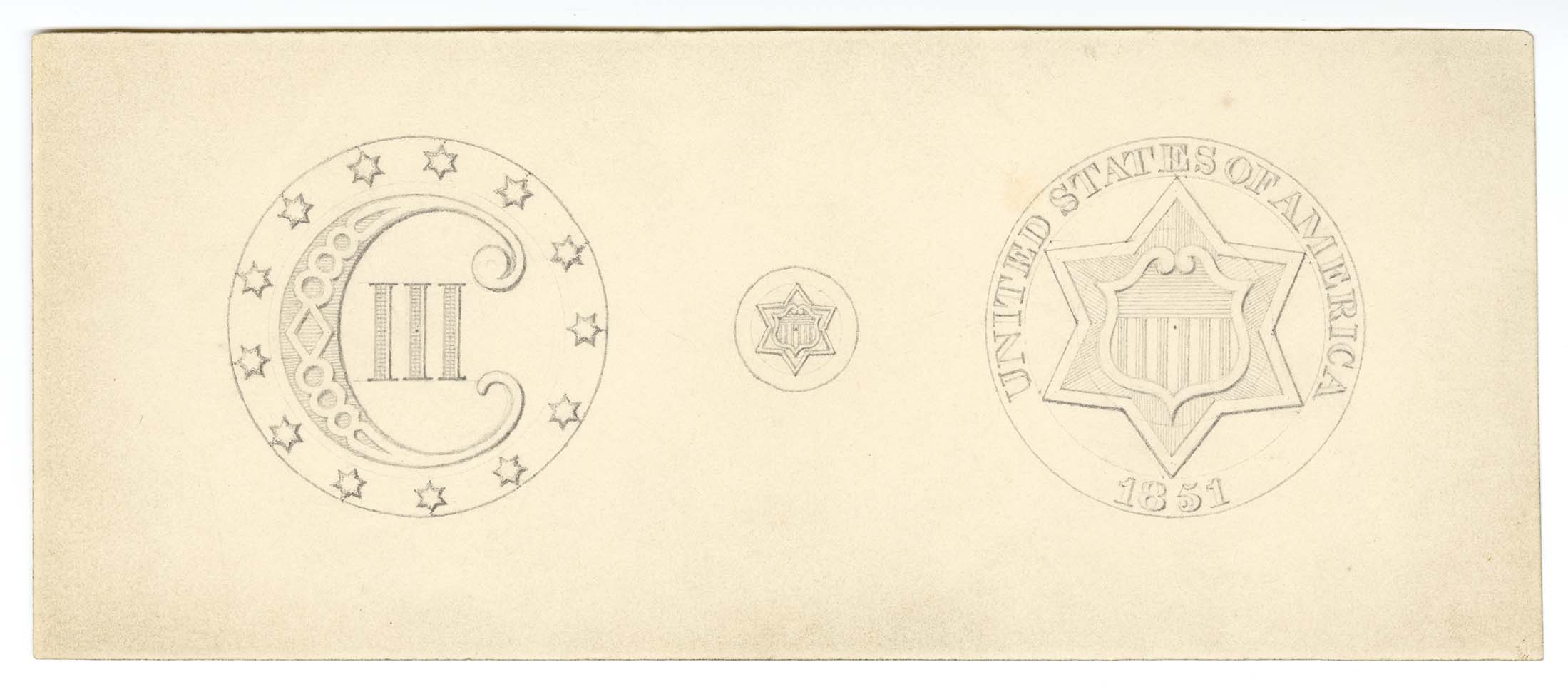 Pencil drawing of circles with a roman numeral three, a large C surrounded by stars, and a six-pointed star in a shield.