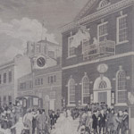 City street filled with crowds of people and a few vehicles. Figures in foreground are not completely filled in. Flags wave from buildings