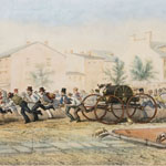 In foreground, a group of men strain to pull fire equipment along cobblestone street lined with buildings. Another similar group visible in background. Pigs and pedestrian scurry away