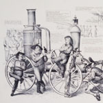 Cartoon with text and images mocking firefighters showing them drinking, lazing about, and carousing