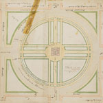 Plan showing a circle bisected with straight lines located within a square. Manuscript notes identify significant features