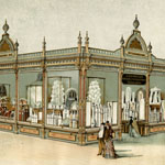 Men and women walk around very large display case incorporating architectural elements including columns and a decorative pediment. Filled glass jars are on exhibit