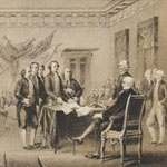 Vignette of men signing Declaration of Independence is surrounded by multiple business cards placed within decorative border