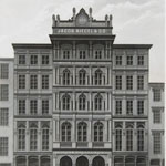 Five-storied building with many windows faces busy urban street filled with horse-drawn delivery wagons, streetcar, and male and female pedestrians