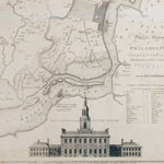 Map shows waterways, major roads, and names of some property owners. Also includes distance chart and view of Independence Hall