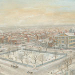 Snowy urban landscape from high perspective including many red brick buildings, pedestrians, and horse-drawn vehicles. Open square with bare trees in foreground