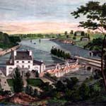 [A View of the Fairmount Waterworks with Schuylkill in the Distance. Taken from the Mount.] ([Philadelphia: Printed and published by J. T. Bowen, 1838]). Crayon lithograph, hand-colored.