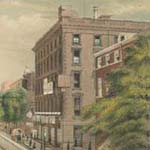 [Swaim’s Building, S. E. Corner of Chestnut and Seventh Streets (Philadelphia, ca. 1850)]. Crayon lithograph, hand-colored. Gift of Charles A. Poulson.