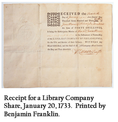 Receipt for a Library Company Share, January 20, 1733.  Printed by Benjamin Franklin.