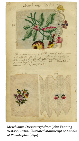 Meschianza Dresses 1778 from John Fanning Watson, Extra-Illustrated Manuscript of Annals of Philadelphia (1830).  